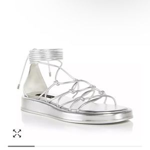 Aqua; Silver; sz7.5 tie up ankle sandal.